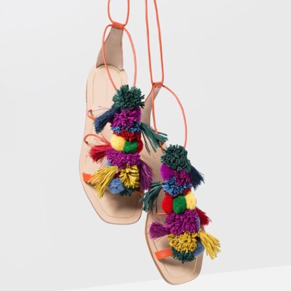 Zara Colorful Pom Pom Tassel Lace Up Open Toe Sandals (Size 38) - Picture 2 of 7